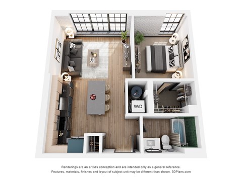 Floor plan for 1 bed, 1 bath, 640 sqft